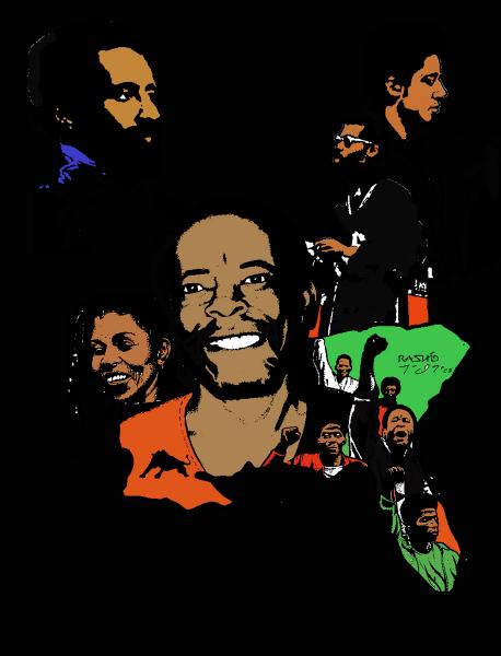 “Lessons from the New Afrikan Liberation Front (NALF) for Black Power, Land and Independence,” featuring Sundiata Acoli & Assata Shakur – Art: prisoner artist Rashid Johnson